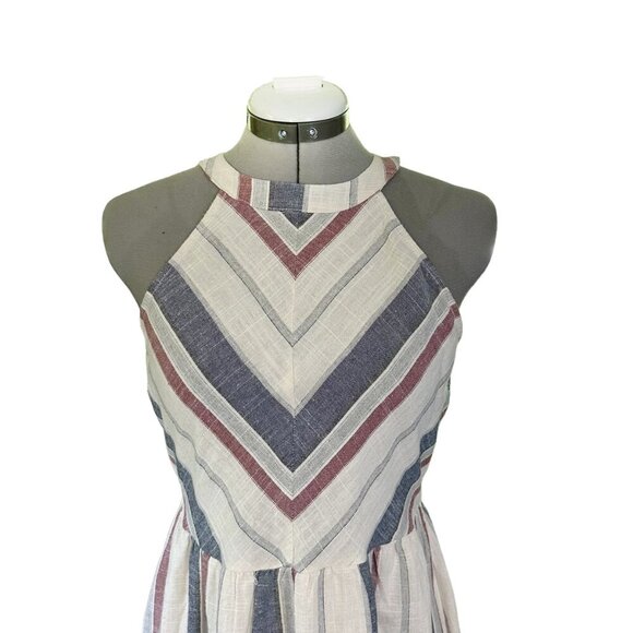 Blu Pepper 100% Cotton Dress Halter Style Midi Lined M Stripes Chevron - Picture 2 of 9
